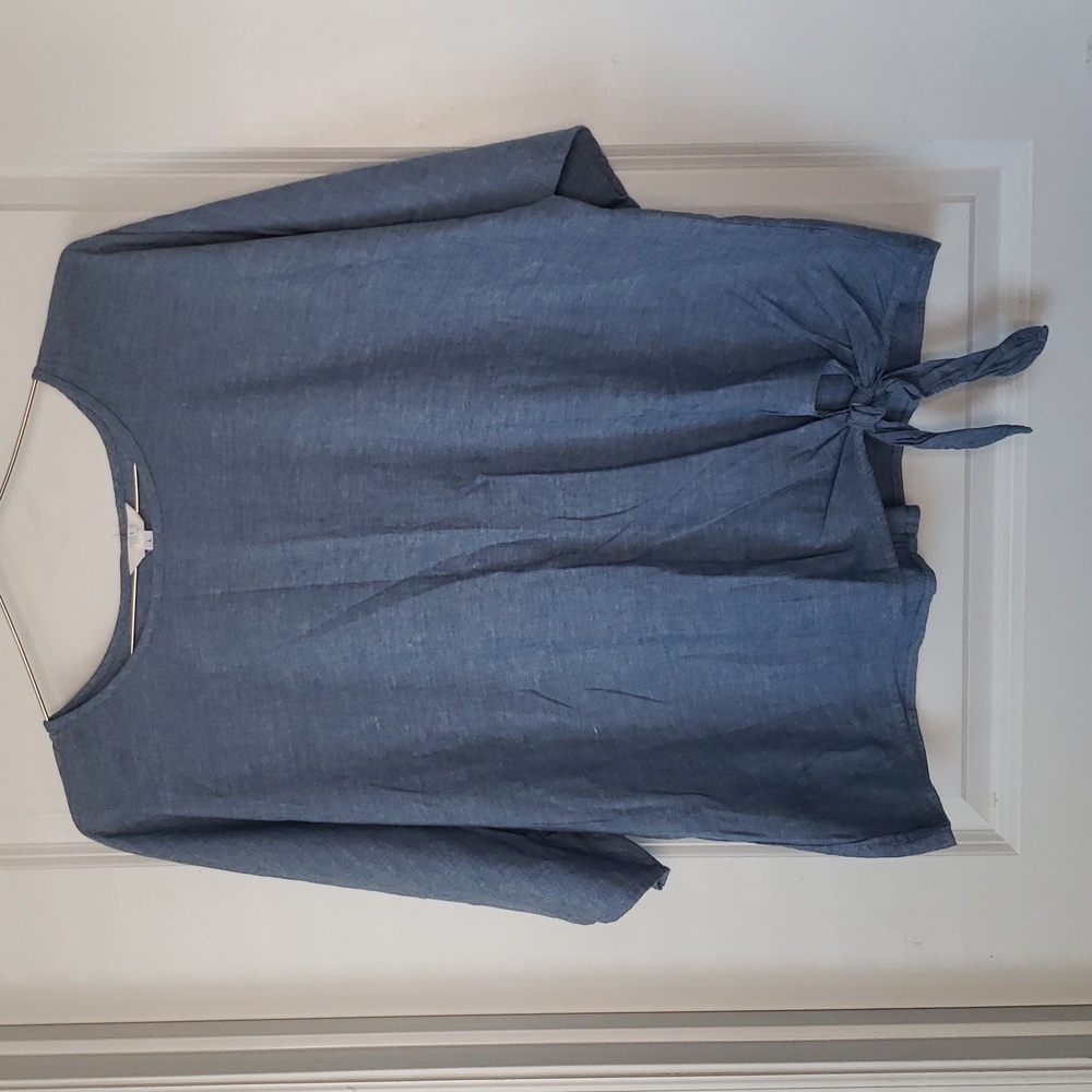 Linen Blend Chambray Boxy Blouse Top Side Tie Blue Wide Sleeves Relaxed Bodice L